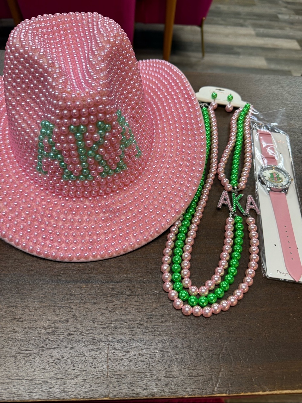 NWT AKA Pink Pearl Cowgirl Hat, Watch and Beaded Necklace Set